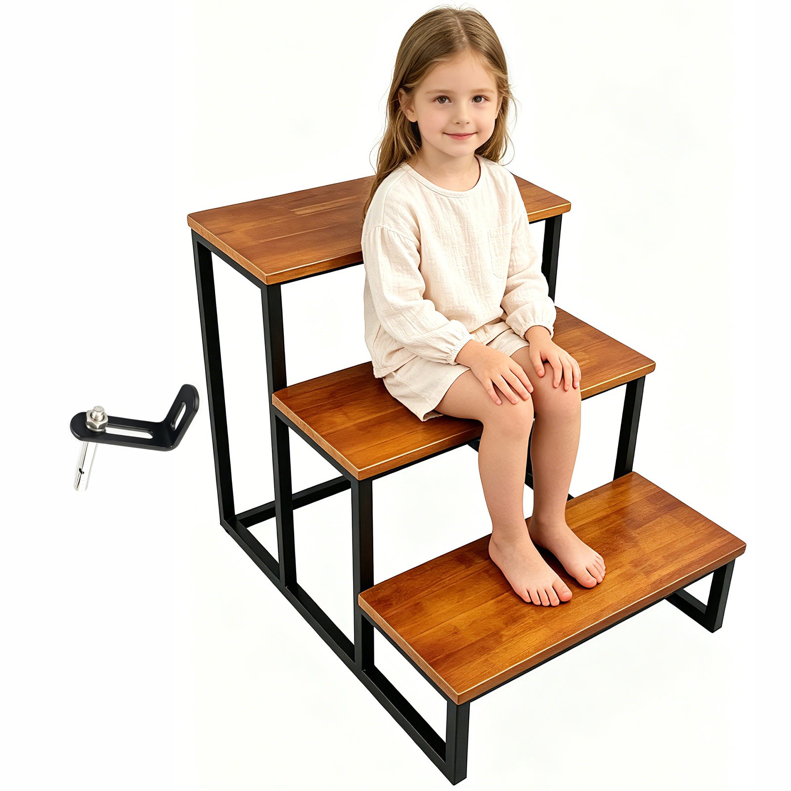 Solid Wood Step Display Rack, Industrial Metal Frame Ladder Shelf, 23 x 10 Inch Wooden Tiered Stand for Retail Vendor, Market, Countertop Plant & Merchandise Display
