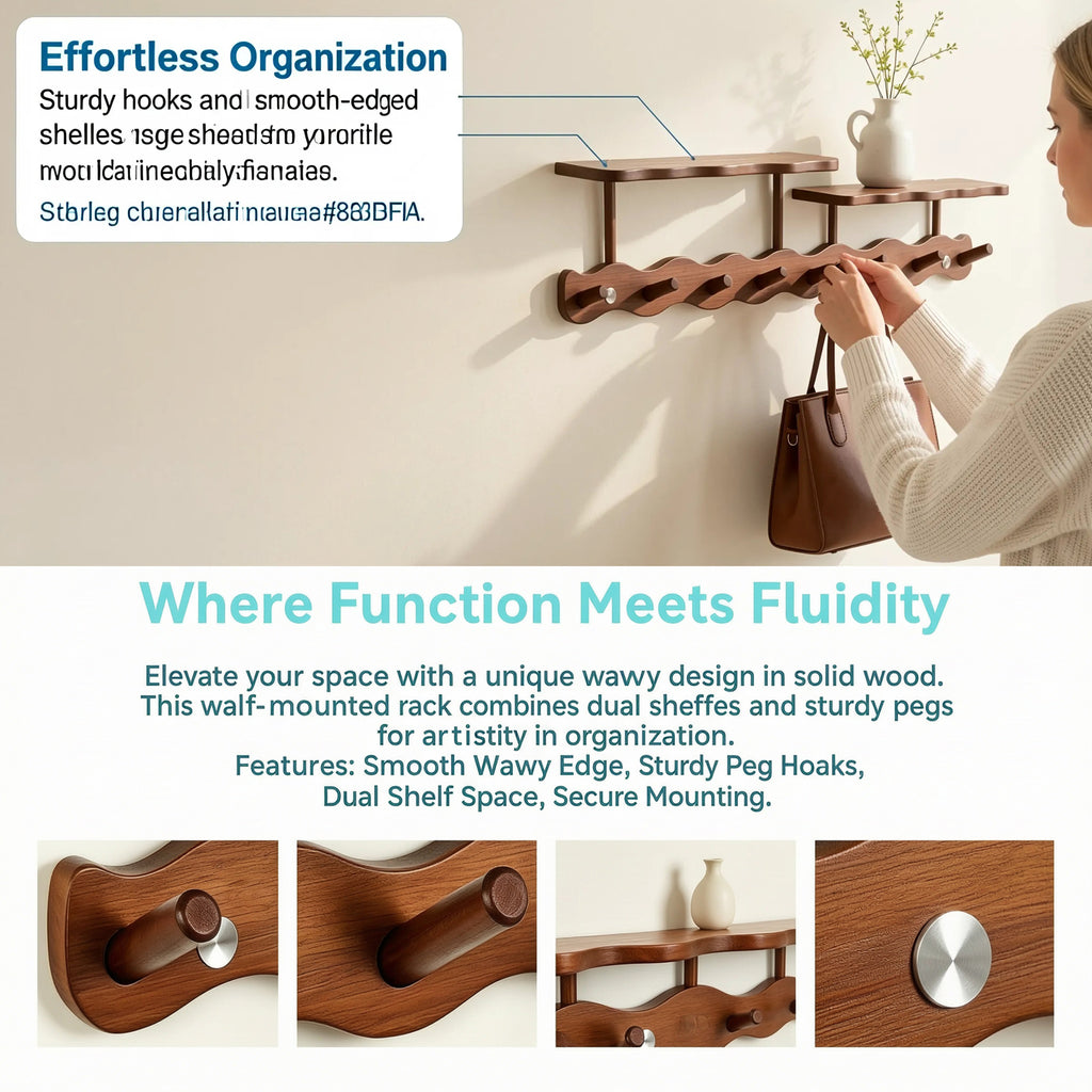 Solid Wood Walnut Paint Hanger，Wall Mounted Entrance Hanger, Used for Bathroom and Living Room, Clothes and hat Hooks