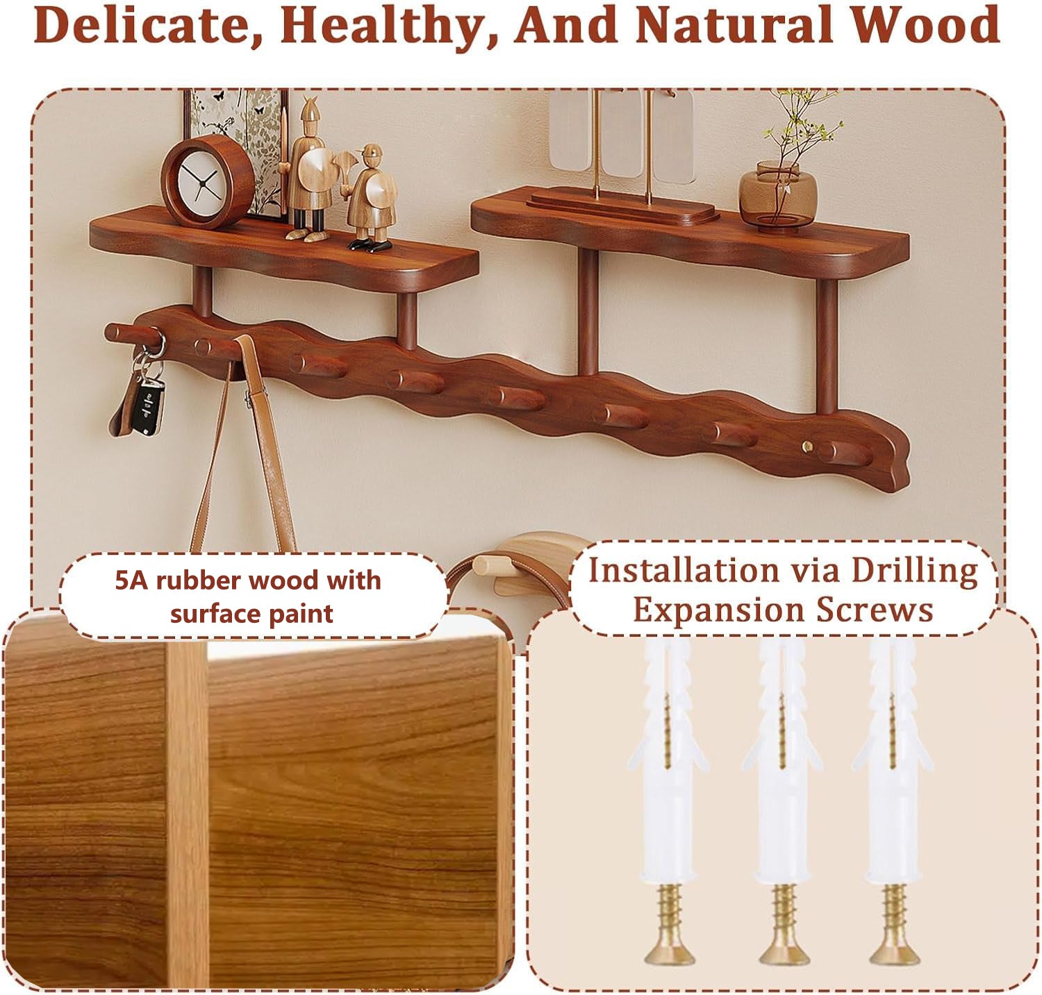 Solid Wood Walnut Paint Hanger，Wall Mounted Entrance Hanger, Used for Bathroom and Living Room, Clothes and hat Hooks