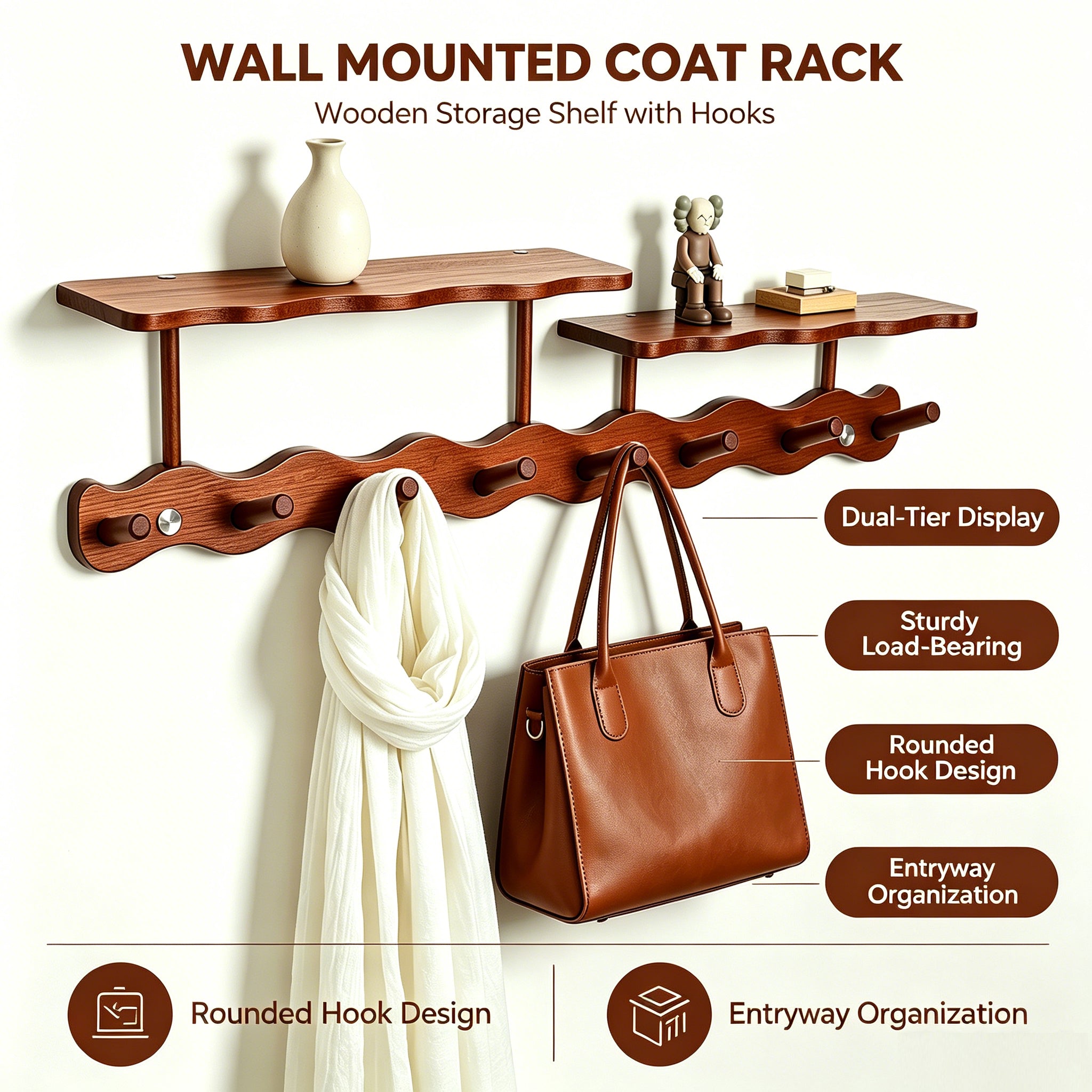 Solid Wood Walnut Paint Hanger，Wall Mounted Entrance Hanger, Used for Bathroom and Living Room, Clothes and hat Hooks