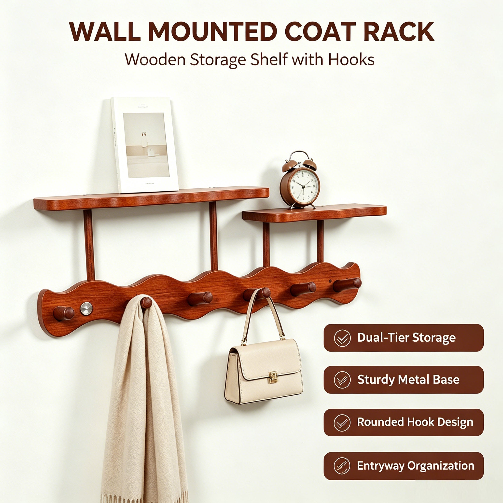Solid Wood Walnut Paint Hanger，Wall Mounted Entrance Hanger, Used for Bathroom and Living Room, Clothes and hat Hooks