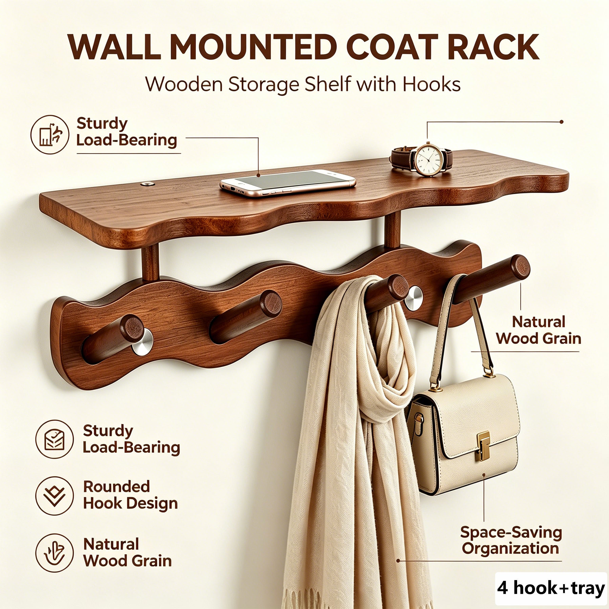Solid Wood Walnut Paint Hanger，Wall Mounted Entrance Hanger, Used for Bathroom and Living Room, Clothes and hat Hooks
