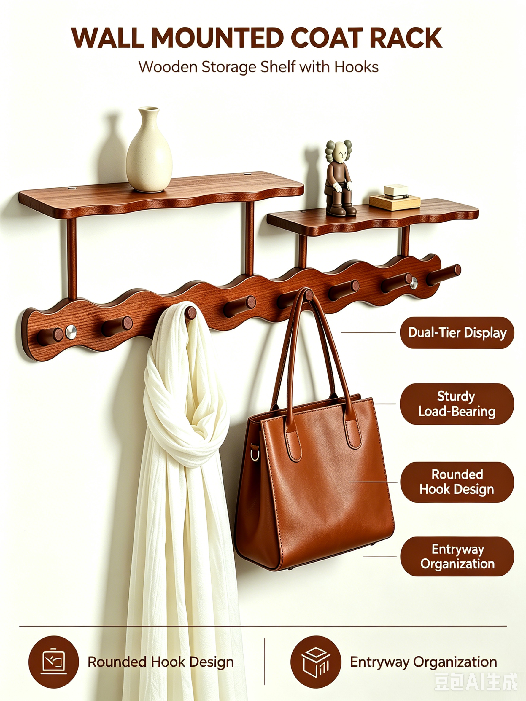Solid Wood Walnut Paint Hanger，Wall Mounted Entrance Hanger, Used for Bathroom and Living Room, Clothes and hat Hooks